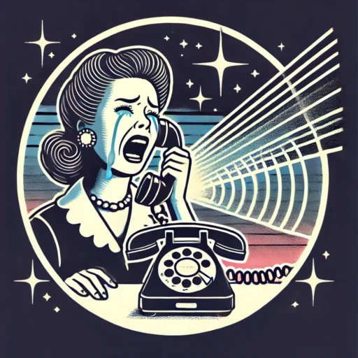 Woman crying into a phone, conversation broadcasting into space